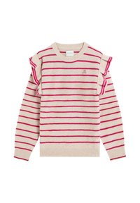Suéter de crema a rayas con rayas rosas, con acentos de volantes en los hombros y un pequeño logo en el pecho. Corte estándar y textura de punto.