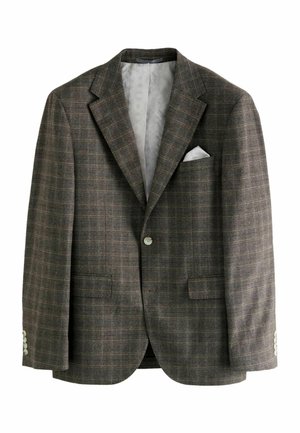 Hnědý kostkovaný blazer s jedním knoflíkem, klopovými límci, dvěma předními kapsami a bílým kapesníčkem. Měkká texturovaná látka.