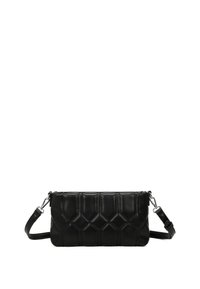 Borsa a tracolla in pelle nera con pattern trapuntato, texture liscia, chiusura con zip e tracolla regolabile. Forma rettangolare compatta.