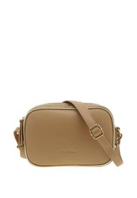 Sac bandoulière en simili cuir beige, de forme rectangulaire, avec une bandoulière ajustable et de subtils accents dorés. Texture lisse avec fermeture à glissière.