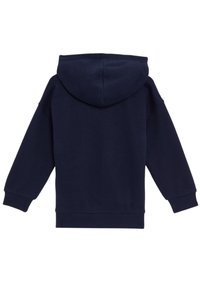 Felpa blu navy, morbido misto cotone, maniche lunghe, polsini e orlo a coste, con cappuccio regolabile e design comodo.