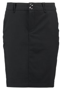 Svart blyertskjol i slät tyg, med två knappar framtill, skräddarsydd midja och knä-lång design. Inga synliga mönster.