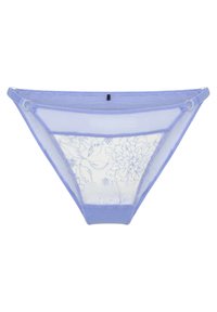Lavender sheer panties with floral design, featuring a smooth waistband, delicate stitching, and metallic hardware accents.