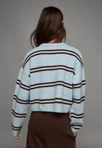 Pulover cu dungi în albastru deschis, cu dungi maro închis. Are un design scurt și manșete striate. Textură moale, mâneci largi.