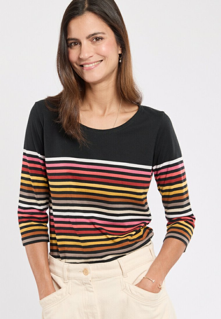 Schwarzes Langarm-Oberteil mit horizontalen Streifen in Pink, Gelb, Braun und Weiß. Weicher Baumwollstoff mit Rundhalsausschnitt und figurbetontem Design.