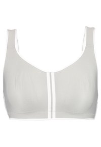 Sutien gri din plasă cu bretele late și o margine albă netedă, având un design fără cusături și o textură moale pentru confort.