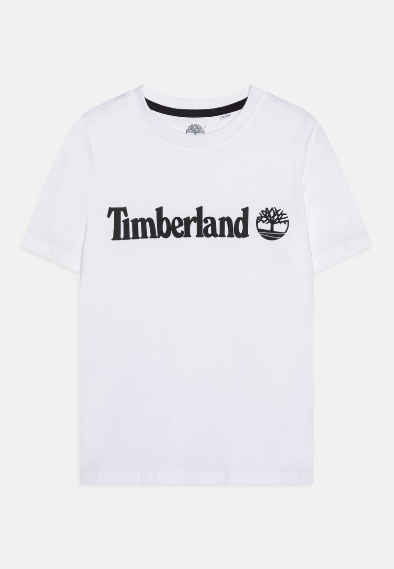 Camiseta de algodón blanca con un logotipo y gráfico de árbol negros de "Timberland". Manga corta, cuello redondo y una textura suave.