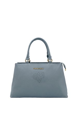 Borsa a mano in pelle strutturata blu con due manici, logo del marchio dorato Gian Marco Venturi e design GM a forma di cuore traforato sul davanti.