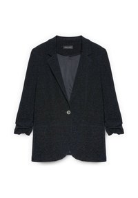Černý, strukturovaný blazer s lesklým povrchem, s klopami do tvaru výstřihu, tříčtvrtinovými rukávy a jediným lesklým knoflíkem na zapínání vpředu.
