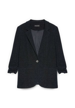 Musta, tekstuurinen bleiseri, jossa on kiiltävä pinta, tuotteessa on leikatut laput, kolme neljänneksen hihnaa ja yksi kiiltävä nappisuljenta edessä.