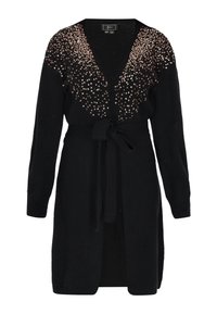 Schwarze Strickjacke mit Gürtel, die ein schimmerndes Pailletten-Design an den Schultern aufweist. Weicher Stoff mit langen Ärmeln und offener Vorderseite.