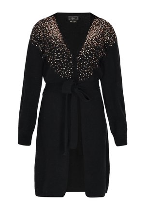 Czarny kardigan z paskiem, z błyszczącym wzorem z cekinów na ramionach. Miękka tekstura, długie rękawy i otwarty przód.