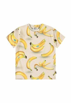 Kurzes T-Shirt aus leichtem Stoff, mit einem Bananenmuster auf beigem Hintergrund, Rundhalsausschnitt und einem Etikett am Saum.