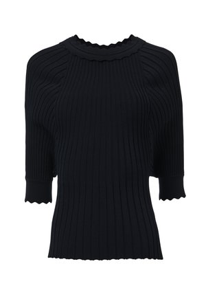 Zwarte geribbelde gebreide top met een gegolfde halslijn en korte mouwen, met een gestructureerd oppervlak en een getailleerde silhouet.