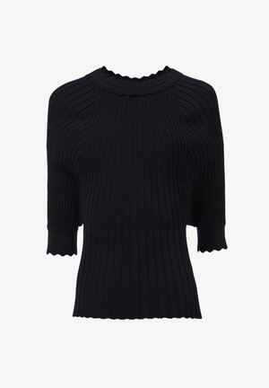 Top de punto negro con canalé, escote festoneado y mangas cortas, que presenta una superficie texturizada y una silueta ajustada.