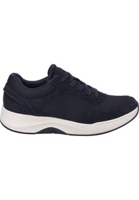 Dunkelblaue Sportschuhe aus einer Kombination von Wildleder und Mesh-Materialien, mit einer gepolsterten Sohle und schmalem Schnürdesign.