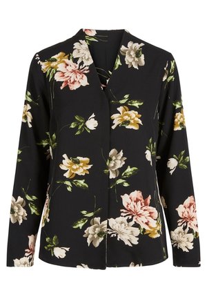 Zwarte blouse met lange mouwen en grote bloemenprint in wit, geel, roze en groene bladeren, met een V-hals en losse pasvorm.