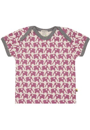 Kortebloesem shirt in crème met een herhaaldelijk roze olifantenpatroon, grijze rand rond de hals en mouwen, gemaakt van zachte stof.