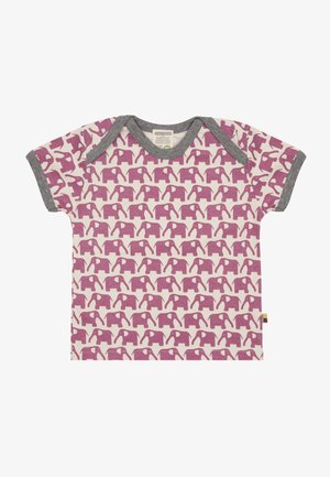 Kurzarmhemd in Creme mit einem wiederholten Muster von rosa Elefanten, grauem Besatz am Hals und an den Ärmeln, aus weichem Stoff gefertigt.