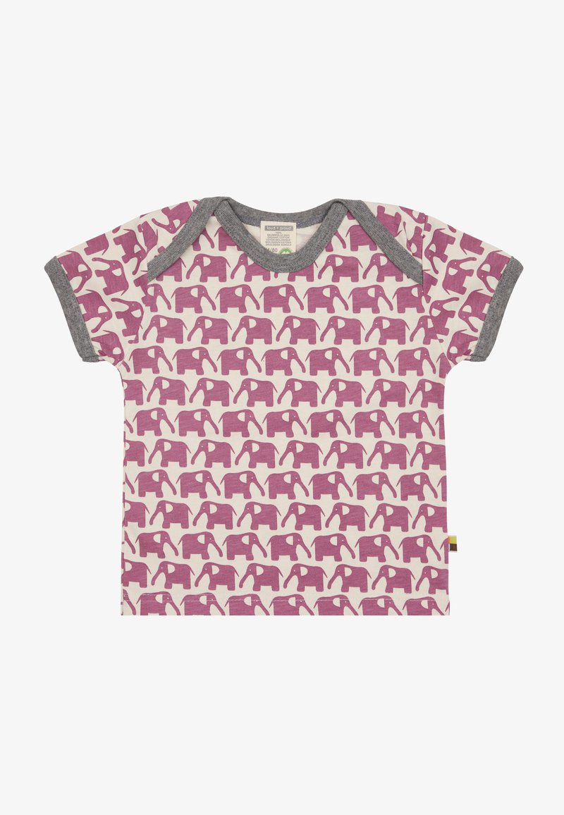 Kortebloesem shirt in crème met een herhaaldelijk roze olifantenpatroon, grijze rand rond de hals en mouwen, gemaakt van zachte stof.