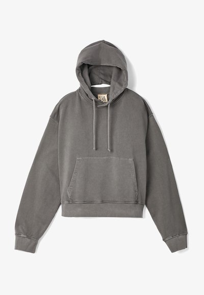 Donkergrijze cropped hoodie met een trekkoordcapuchon, een voorvak en geribbelde manchetten en onderrand. Zachte, textuurstof met een relaxte pasvorm.
