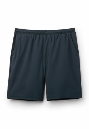 Donkere marineblauwe shorts met elastische tailleband en zijzakken, knielengte, ontworpen voor casual of sportief gebruik.