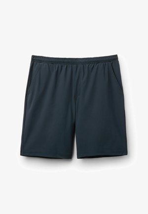 Dunkelblaue Shorts mit elastischem Bund und seitlichen Taschen, knielang, für Freizeit oder sportliche Aktivitäten geeignet.