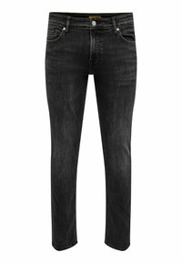 Sorte denim jeans med slim fit, fem lommer, kontrastsyninger og knappestolpe. Stoffet har en subtil tekstur.