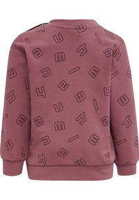 Mörkröd sweatshirt med en mjuk textur, med ett upprepat mönster av svarta bokstäver. Långa ärmar och ribbade muddarna fulländar designen.