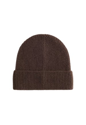 Brown knitted beanie hat with a ribbed texture and a folded cuff, made from soft wool blend material. Simple, unadorned design.