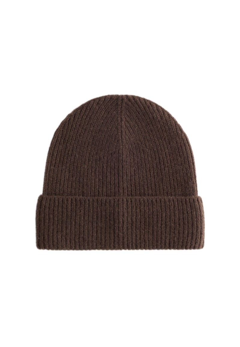 Brown knitted beanie hat with a ribbed texture and a folded cuff, made from soft wool blend material. Simple, unadorned design.