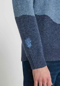 Pull en tricot présentant un dégradé de nuances de bleu clair et foncé, des poignets côtelés et un petit logo bleu brodé sur la manche.
