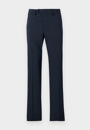 Navy blue dress pants made of smooth fabric, featuring a straight leg design, a button closure, and front crease detail.