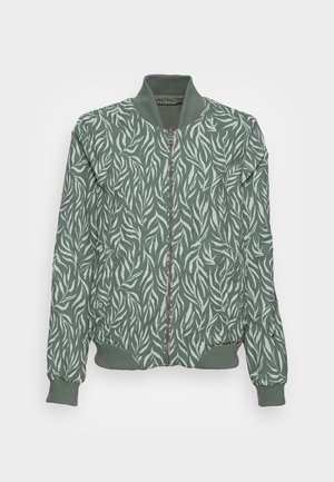 Grüne Bomberjacke mit leichtem Blattmuster, geripptem Kragen, Bündchen und Saum, Frontreißverschluss und zwei Seitentaschen.
