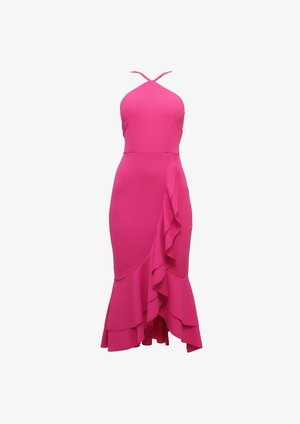 Feszes rózsaszín pánt nélküli ruha fodros részletekkel az alján és az oldalán. Simább anyagból készült, magas-lapos dizájn jellemzi.