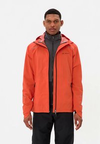 Leuchtend orangefarbene Outdoor-Jacke mit Reißverschluss, verstellbarer Kapuze und grauen Akzenten. Hergestellt aus wasserdichtem Material, mit elastischen Bündchen.