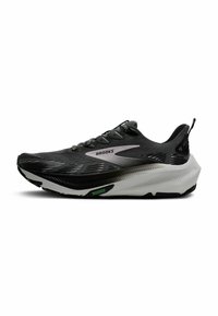 Black running shoe with a breathable mesh upper, reflective accents, cushioned white midsole, and textured black rubber outsole.