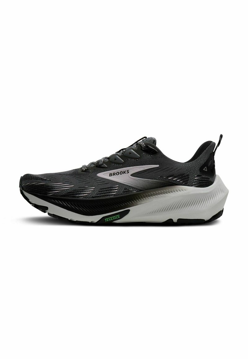Black running shoe with a breathable mesh upper, reflective accents, cushioned white midsole, and textured black rubber outsole.