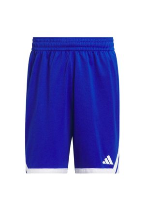 Shorts de sport bleu en tissu respirant. Dotés d'une taille élastique et de rayures blanches avec un logo sur le côté inférieur droit.