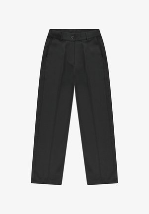 Pantalons larges noirs en tissu lisse ; dotés d'un bouton à l'avant, d'un zip et de deux poches latérales avec des plis nets le long des jambes.