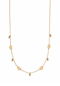 Złocony naszyjnik z małymi okrągłymi koralikami i sercowanymi wisiorkami, z delikatnym wzorem łańcuszka podkreślającym blask i elegancję.
