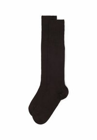 Calze nere al ginocchio realizzate in un tessuto liscio con una texture a coste nella parte superiore e aree rinforzate sulle dita e sul tallone.