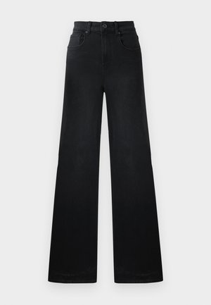 Zwarte denim broeken met wijde pijpen en een strakke taille, voorzien van riemlussen, voor- en achterzakken, en een gladde textuur.