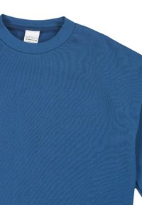 Blauwe katoenen sweatshirt met een geribbelde ronde hals, met een soepele textuur en effen kleur. Label zichtbaar op de binnenkant van de hals.