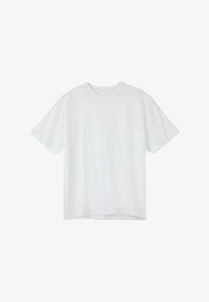 Weißes T-Shirt aus weichem Baumwollstoff, mit einem klassischen Rundhalsausschnitt, kurzen Ärmeln und einem lockeren, geraden Schnitt. Keine Muster oder Grafiken.