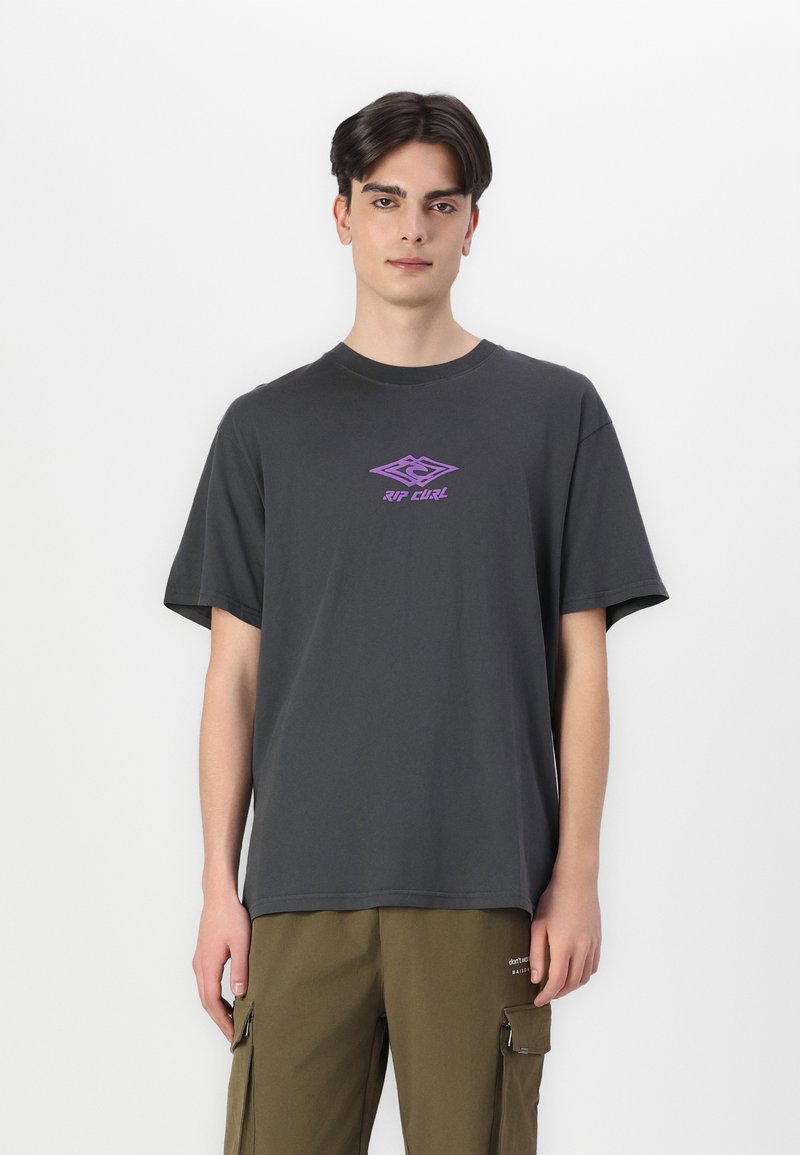 Dark gray cotton t-shirt with a rounded neck, short sleeves, and a purple graphic logo on the chest. Casual fit with a soft texture.