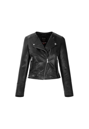 Veste de motard en cuir noir avec fermeture éclair asymétrique à l'avant, deux poches latérales zippées, col à bouton-pression et manches longues.