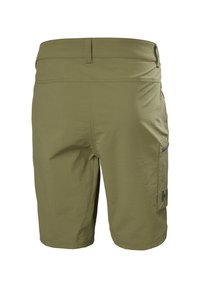 Pantalones cortos verde oliva con una textura suave, que cuentan con un bolsillo lateral, detalles de costura y un acento de logotipo. Diseñados para uso al aire libre.