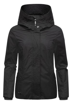 Veste noire avec une capuche matelassée et des panneaux latéraux, dotée d'une fermeture éclair à l'avant, de fermetures à pression et de détails en côte aux poignets. Texture de tissu lisse.