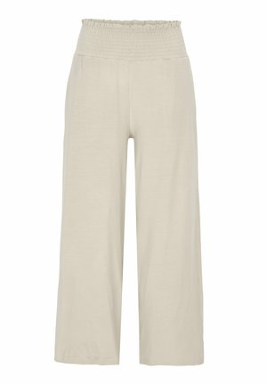 Beige, weite Hosen mit hohem, gerafftem elastischem Bund aus weichem Stoff.